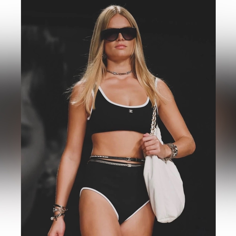 Chanel 22S Black White Crystal CC Logo Bikini Two Piece Swimsuit Bathing Suit 38 - Picture 7 of 16